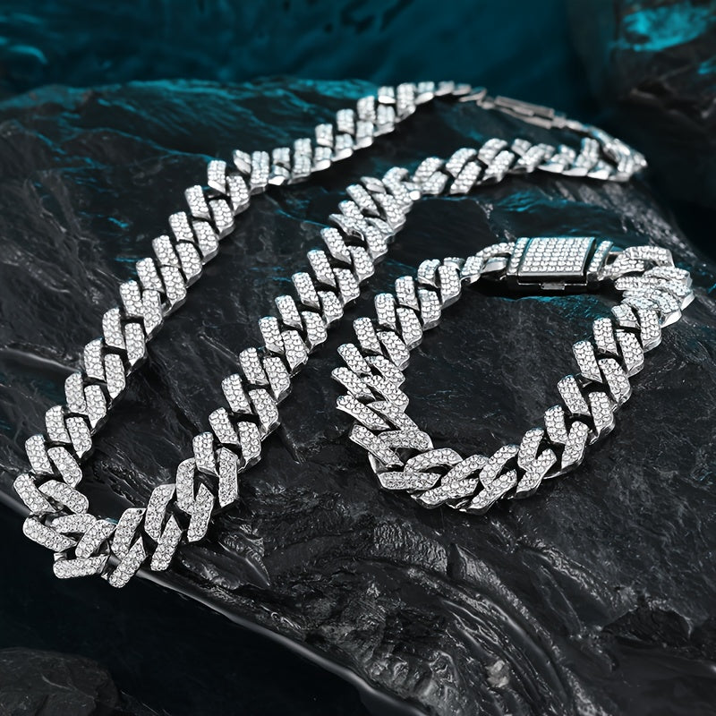 A Hip-hop Style Jewelry Set With A Necklace And Bracelet, Featuring A Thick Chain Design Embedded With Sparkling, Perfect For Accessorizing Daily Outfits Or Party Wear.